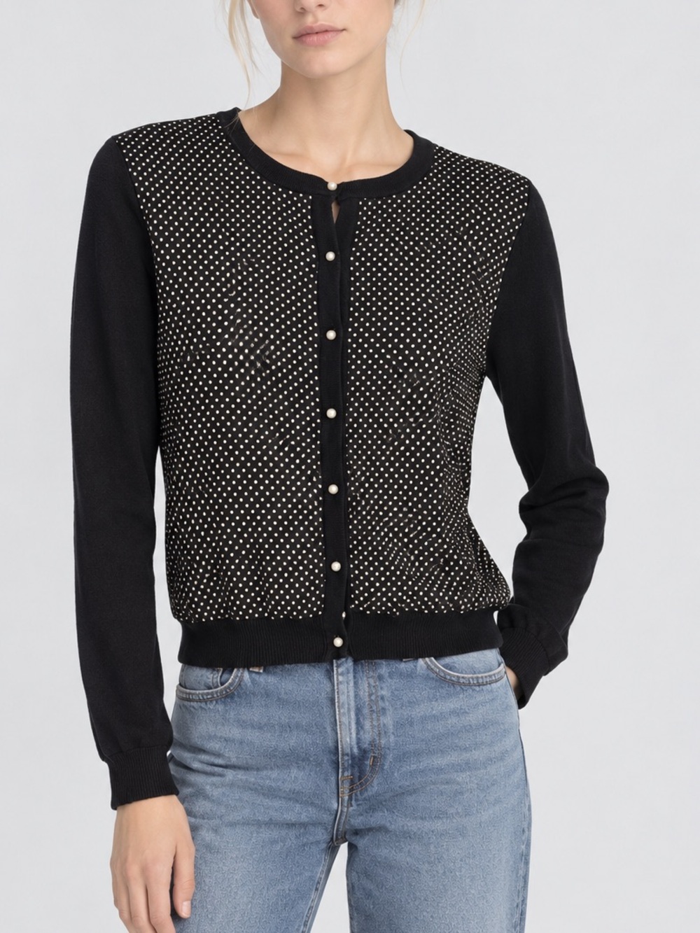 Ralph Lauren Silk Black & White Polka Dot Button-Front Cardigan Sweater